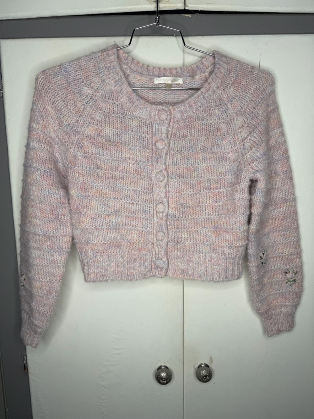 Love Shack Fancy Women Multicolor Pink Crop Knit Cardigan Sweater Size S wool bl